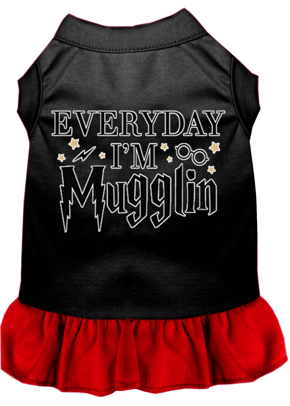 Everyday I'm Mugglin Screen Print Dog Dress Black with Red Lg